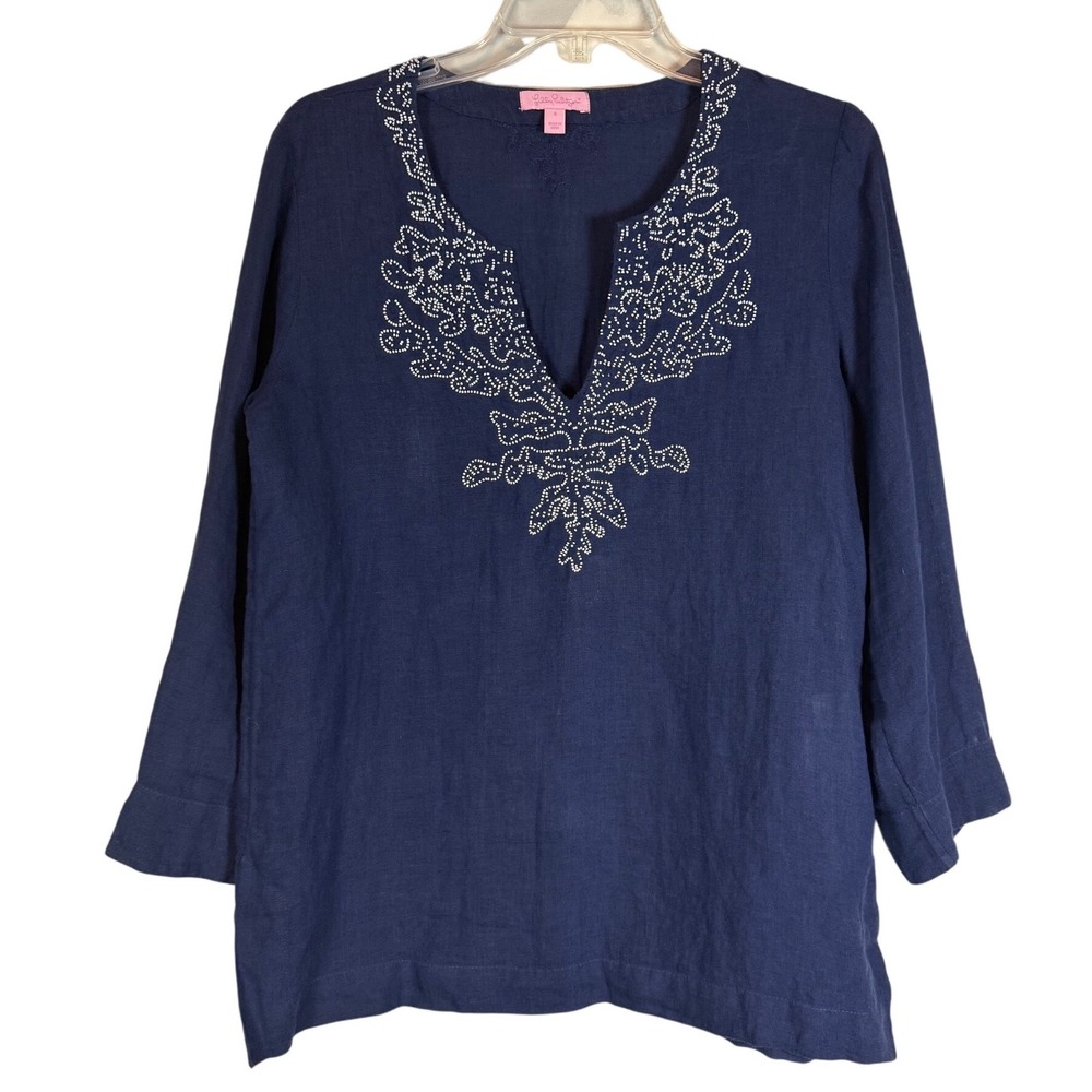 Lilly Pulitzer Amelia Island 100% Linen Tunic, True Navy, Beaded, Size Small